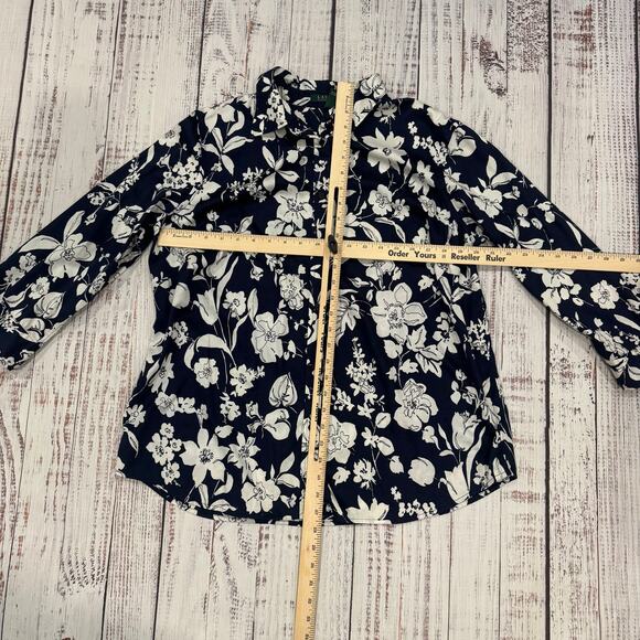 Lauren Ralph Lauren 1X Navy White Floral Button Front Stretch Cotton Shirt - Picture 8 of 9